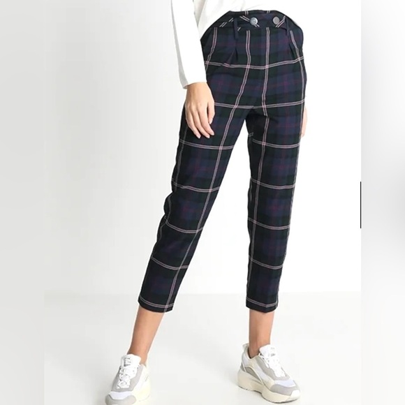 TOPSHOP Checkered Cropped Trousers High Rise Women’s 6 Navy Belted Plaid modern - Picture 11 of 12